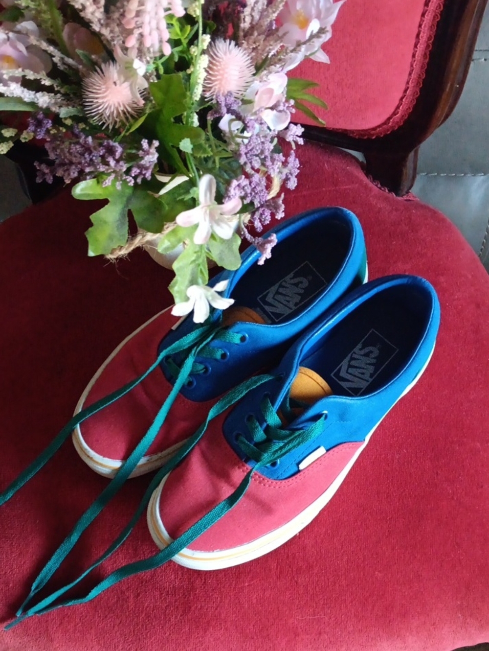 Vans Womens Two-Tone Canvas Sneakers - Red, Blue & Green Accents